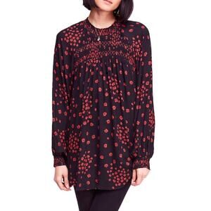 Free People Flowers In Her Hair Black & Red Floral Tunic Peasant Blouse Size XS